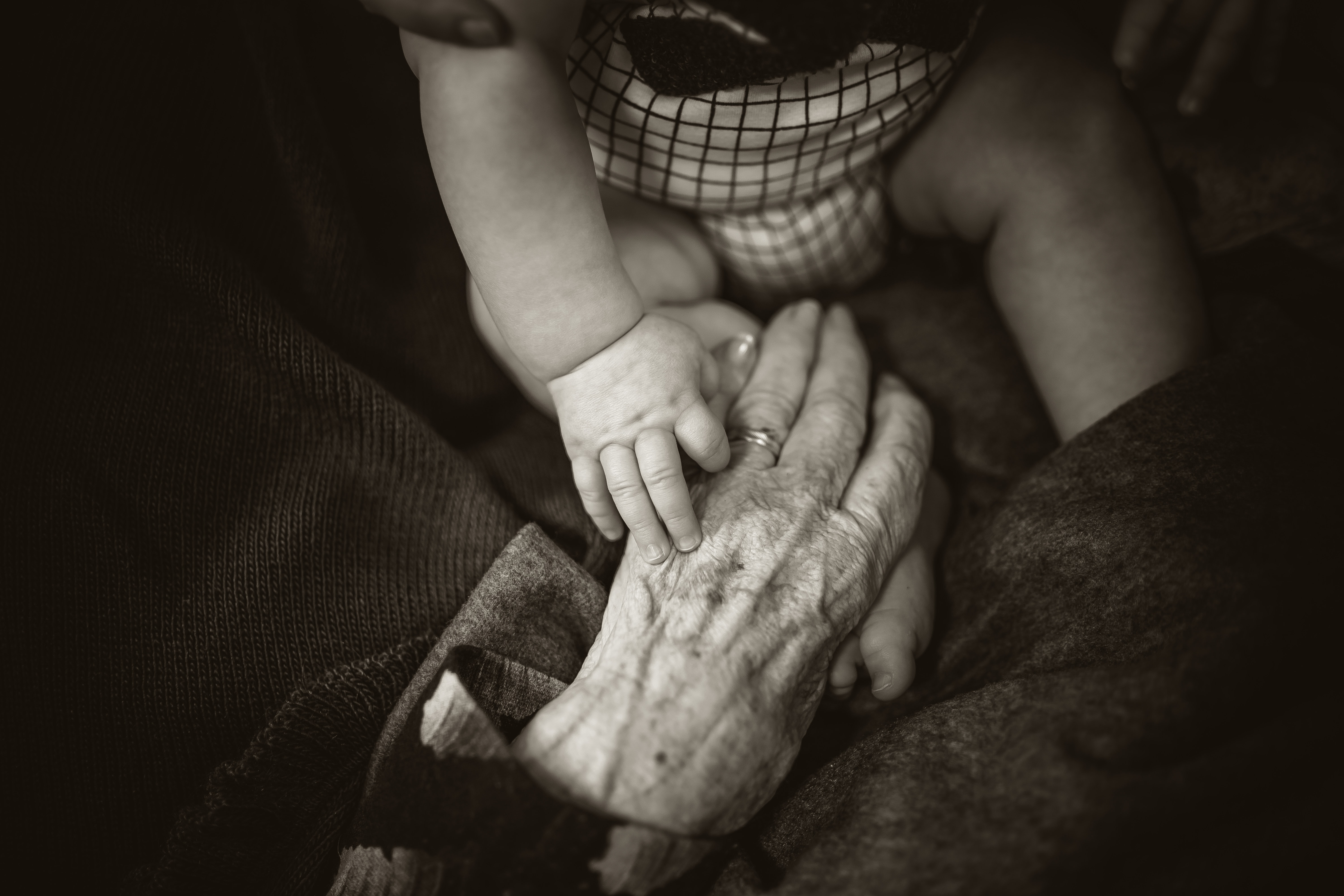 A close up black and white photograph showing young child holding hands with an elderly person